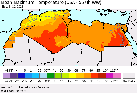 North Africa Mean Maximum Temperature (USAF 557th WW) Thematic Map For 11/6/2023 - 11/12/2023