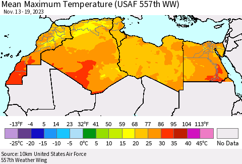 North Africa Mean Maximum Temperature (USAF 557th WW) Thematic Map For 11/13/2023 - 11/19/2023