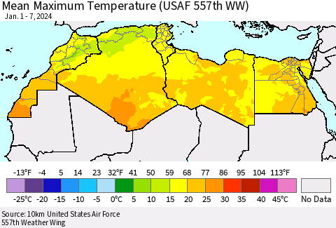 North Africa Mean Maximum Temperature (USAF 557th WW) Thematic Map For 1/1/2024 - 1/7/2024