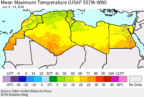 North Africa Mean Maximum Temperature (USAF 557th WW) Thematic Map For 1/8/2024 - 1/14/2024