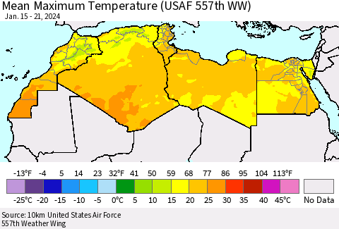 North Africa Mean Maximum Temperature (USAF 557th WW) Thematic Map For 1/15/2024 - 1/21/2024