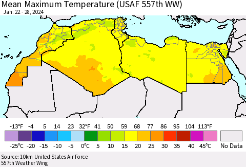 North Africa Mean Maximum Temperature (USAF 557th WW) Thematic Map For 1/22/2024 - 1/28/2024