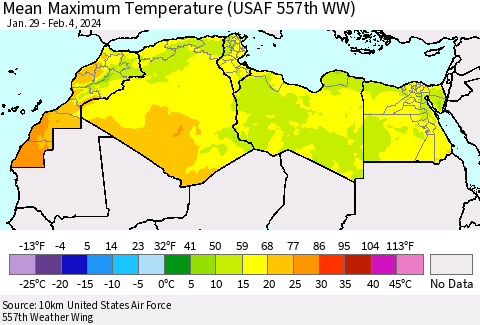 North Africa Mean Maximum Temperature (USAF 557th WW) Thematic Map For 1/29/2024 - 2/4/2024