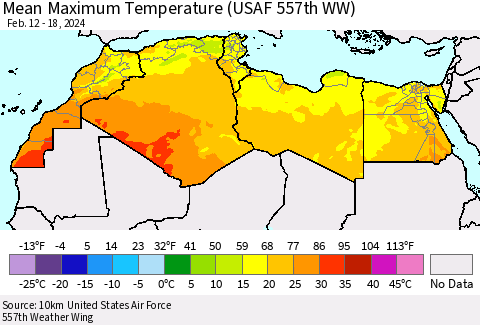 North Africa Mean Maximum Temperature (USAF 557th WW) Thematic Map For 2/12/2024 - 2/18/2024