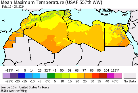 North Africa Mean Maximum Temperature (USAF 557th WW) Thematic Map For 2/19/2024 - 2/25/2024