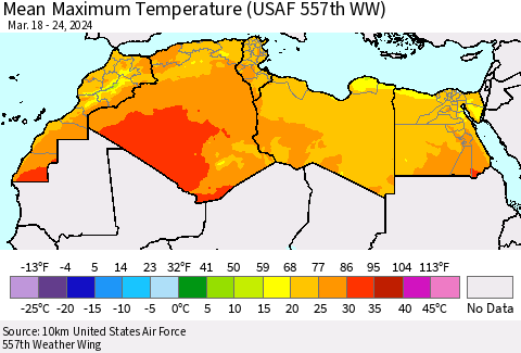 North Africa Mean Maximum Temperature (USAF 557th WW) Thematic Map For 3/18/2024 - 3/24/2024