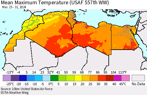 North Africa Mean Maximum Temperature (USAF 557th WW) Thematic Map For 3/25/2024 - 3/31/2024