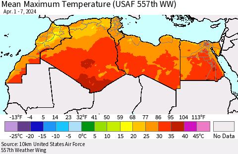 North Africa Mean Maximum Temperature (USAF 557th WW) Thematic Map For 4/1/2024 - 4/7/2024
