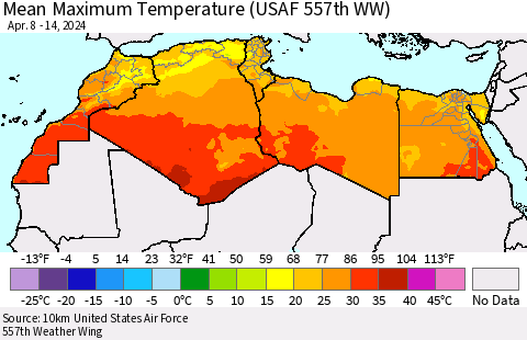 North Africa Mean Maximum Temperature (USAF 557th WW) Thematic Map For 4/8/2024 - 4/14/2024