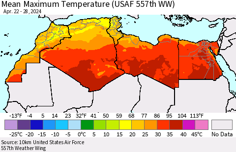 North Africa Mean Maximum Temperature (USAF 557th WW) Thematic Map For 4/22/2024 - 4/28/2024