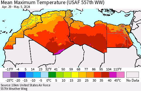 North Africa Mean Maximum Temperature (USAF 557th WW) Thematic Map For 4/29/2024 - 5/5/2024