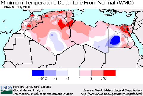 North Africa Mean Minimum Temperature Departure from Normal (WMO) Thematic Map For 3/5/2018 - 3/11/2018