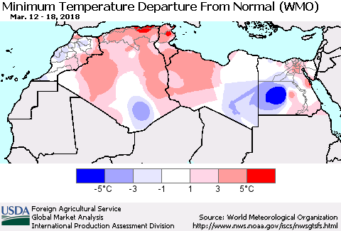 North Africa Mean Minimum Temperature Departure from Normal (WMO) Thematic Map For 3/12/2018 - 3/18/2018