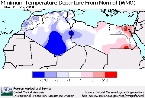 North Africa Mean Minimum Temperature Departure from Normal (WMO) Thematic Map For 3/19/2018 - 3/25/2018