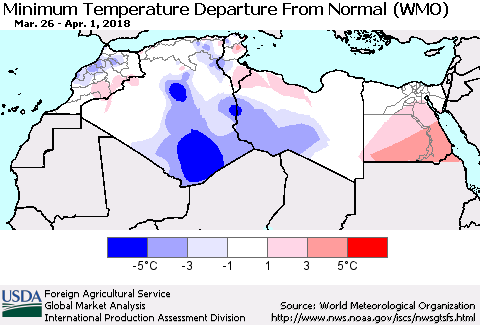 North Africa Mean Minimum Temperature Departure from Normal (WMO) Thematic Map For 3/26/2018 - 4/1/2018