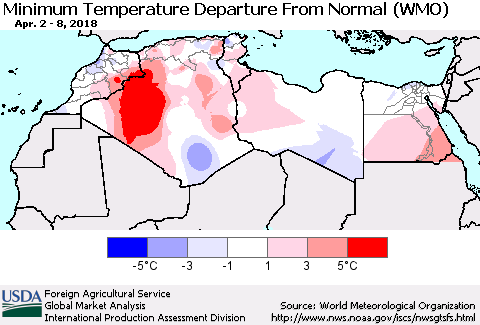 North Africa Mean Minimum Temperature Departure from Normal (WMO) Thematic Map For 4/2/2018 - 4/8/2018