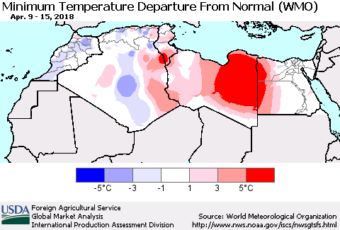 North Africa Mean Minimum Temperature Departure from Normal (WMO) Thematic Map For 4/9/2018 - 4/15/2018