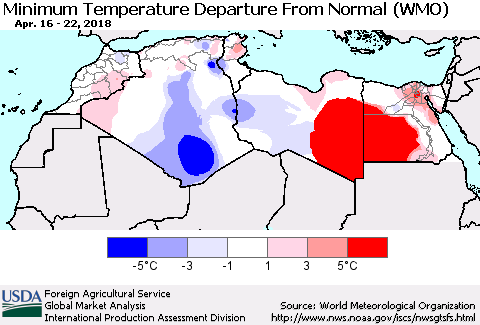 North Africa Mean Minimum Temperature Departure from Normal (WMO) Thematic Map For 4/16/2018 - 4/22/2018