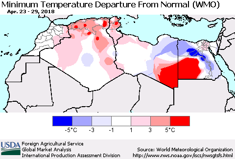 North Africa Mean Minimum Temperature Departure from Normal (WMO) Thematic Map For 4/23/2018 - 4/29/2018