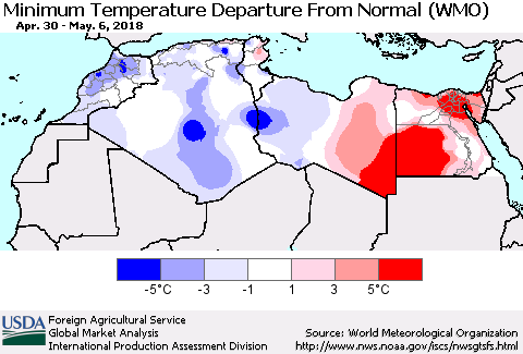 North Africa Mean Minimum Temperature Departure from Normal (WMO) Thematic Map For 4/30/2018 - 5/6/2018