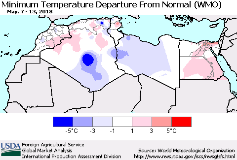North Africa Mean Minimum Temperature Departure from Normal (WMO) Thematic Map For 5/7/2018 - 5/13/2018