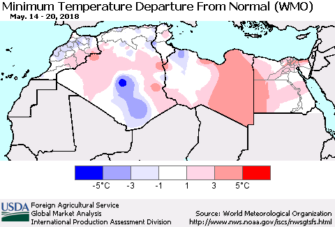 North Africa Mean Minimum Temperature Departure from Normal (WMO) Thematic Map For 5/14/2018 - 5/20/2018