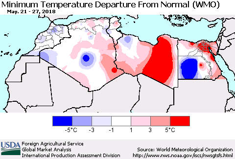 North Africa Mean Minimum Temperature Departure from Normal (WMO) Thematic Map For 5/21/2018 - 5/27/2018