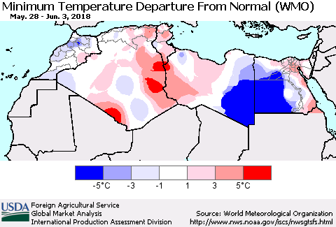 North Africa Mean Minimum Temperature Departure from Normal (WMO) Thematic Map For 5/28/2018 - 6/3/2018