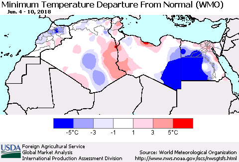 North Africa Mean Minimum Temperature Departure from Normal (WMO) Thematic Map For 6/4/2018 - 6/10/2018
