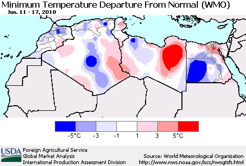 North Africa Mean Minimum Temperature Departure from Normal (WMO) Thematic Map For 6/11/2018 - 6/17/2018