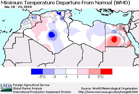North Africa Mean Minimum Temperature Departure from Normal (WMO) Thematic Map For 6/18/2018 - 6/24/2018