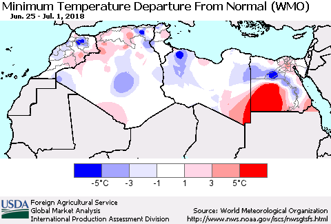 North Africa Mean Minimum Temperature Departure from Normal (WMO) Thematic Map For 6/25/2018 - 7/1/2018