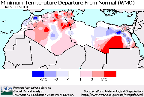 North Africa Mean Minimum Temperature Departure from Normal (WMO) Thematic Map For 7/2/2018 - 7/8/2018