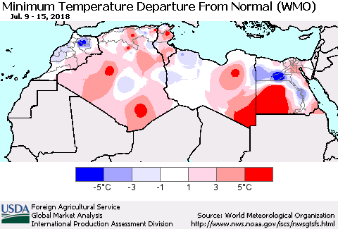 North Africa Mean Minimum Temperature Departure from Normal (WMO) Thematic Map For 7/9/2018 - 7/15/2018