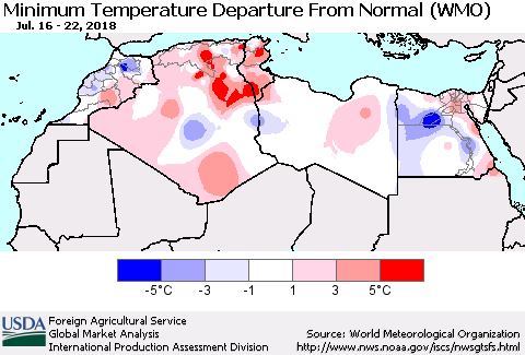 North Africa Mean Minimum Temperature Departure from Normal (WMO) Thematic Map For 7/16/2018 - 7/22/2018