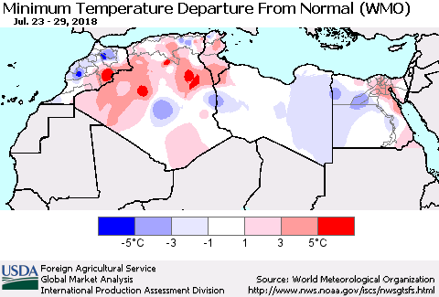 North Africa Mean Minimum Temperature Departure from Normal (WMO) Thematic Map For 7/23/2018 - 7/29/2018