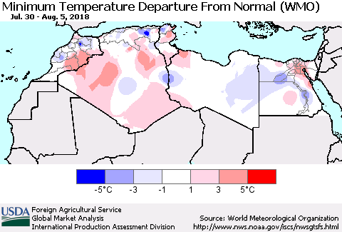 North Africa Mean Minimum Temperature Departure from Normal (WMO) Thematic Map For 7/30/2018 - 8/5/2018