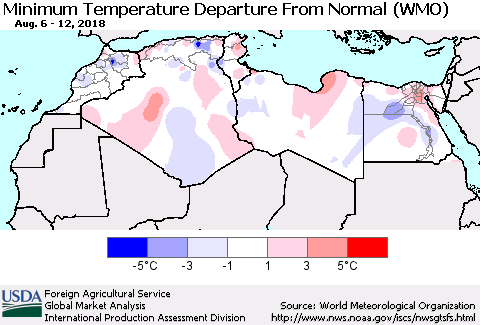 North Africa Mean Minimum Temperature Departure from Normal (WMO) Thematic Map For 8/6/2018 - 8/12/2018