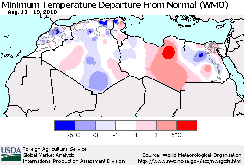 North Africa Mean Minimum Temperature Departure from Normal (WMO) Thematic Map For 8/13/2018 - 8/19/2018