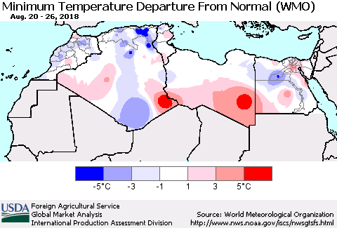 North Africa Mean Minimum Temperature Departure from Normal (WMO) Thematic Map For 8/20/2018 - 8/26/2018