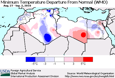 North Africa Mean Minimum Temperature Departure from Normal (WMO) Thematic Map For 8/27/2018 - 9/2/2018