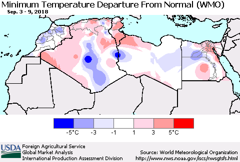 North Africa Mean Minimum Temperature Departure from Normal (WMO) Thematic Map For 9/3/2018 - 9/9/2018