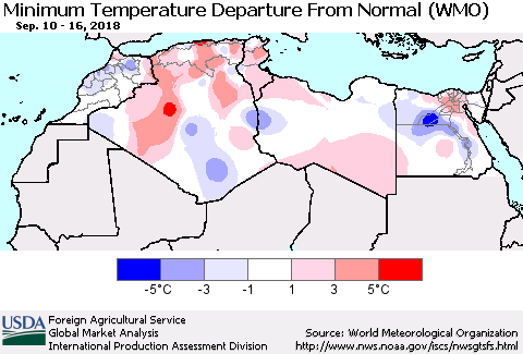 North Africa Mean Minimum Temperature Departure from Normal (WMO) Thematic Map For 9/10/2018 - 9/16/2018
