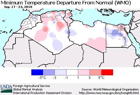 North Africa Mean Minimum Temperature Departure from Normal (WMO) Thematic Map For 9/17/2018 - 9/23/2018