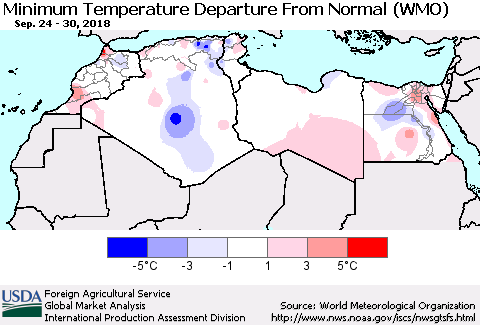 North Africa Mean Minimum Temperature Departure from Normal (WMO) Thematic Map For 9/24/2018 - 9/30/2018