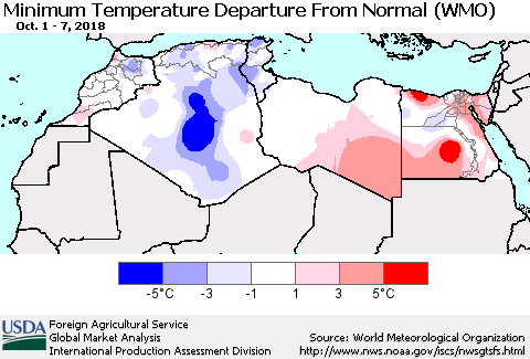 North Africa Mean Minimum Temperature Departure from Normal (WMO) Thematic Map For 10/1/2018 - 10/7/2018