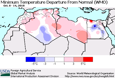 North Africa Mean Minimum Temperature Departure from Normal (WMO) Thematic Map For 10/8/2018 - 10/14/2018