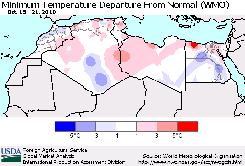 North Africa Mean Minimum Temperature Departure from Normal (WMO) Thematic Map For 10/15/2018 - 10/21/2018