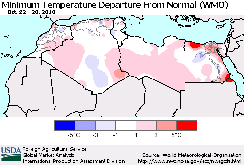 North Africa Mean Minimum Temperature Departure from Normal (WMO) Thematic Map For 10/22/2018 - 10/28/2018