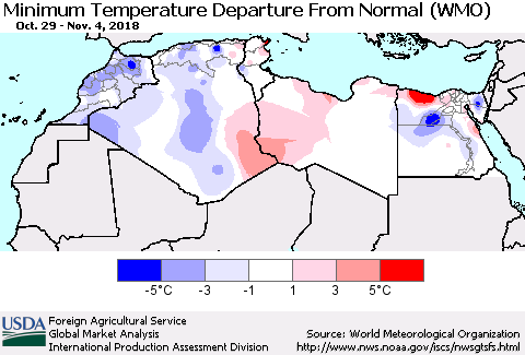 North Africa Mean Minimum Temperature Departure from Normal (WMO) Thematic Map For 10/29/2018 - 11/4/2018